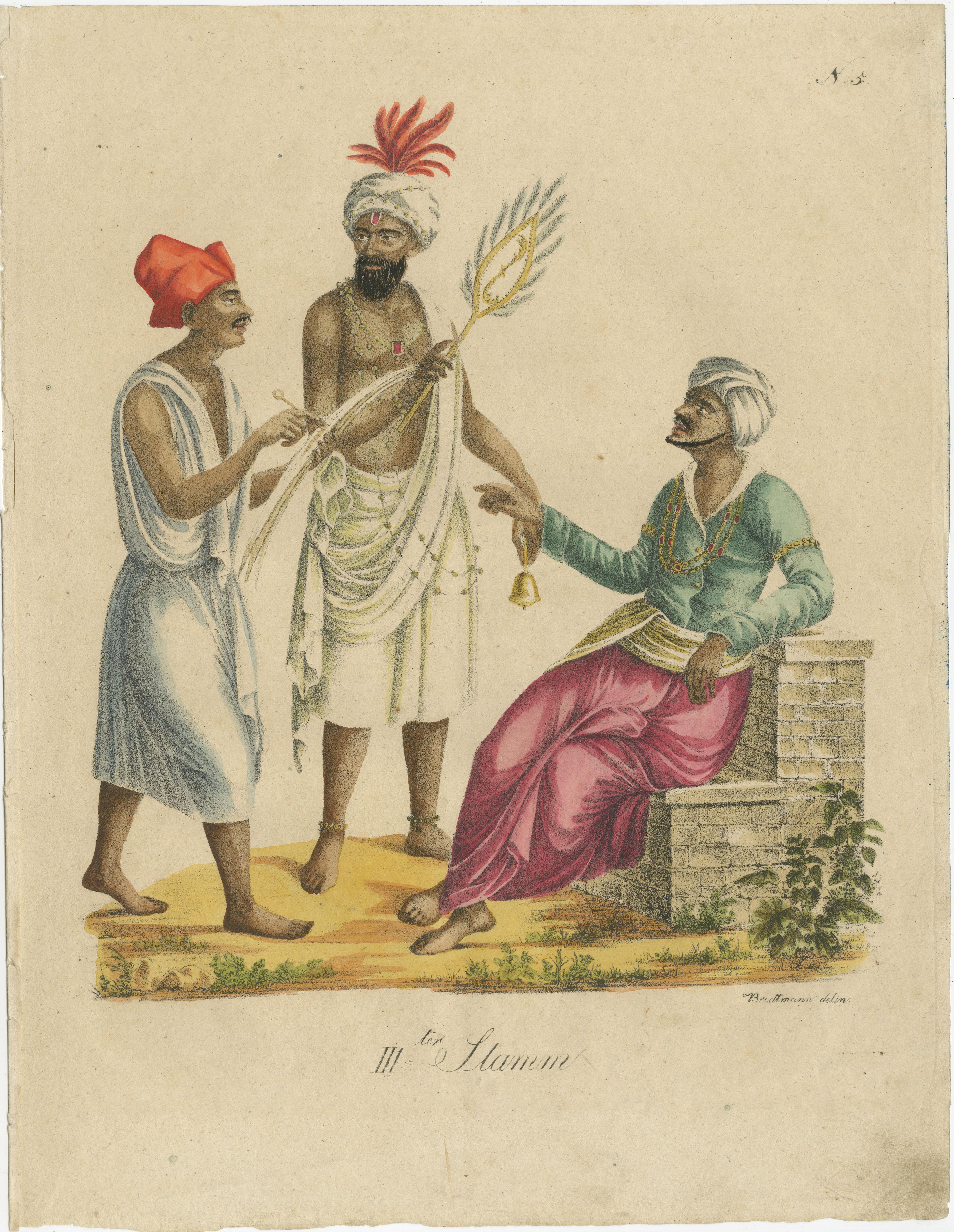 Antique print titled 'IIIter Stamm'. Lithograph of men from India. This print originates from 'Naturhistorische Bilder-Galerie' by Brodtmann. Published circa 1816. 