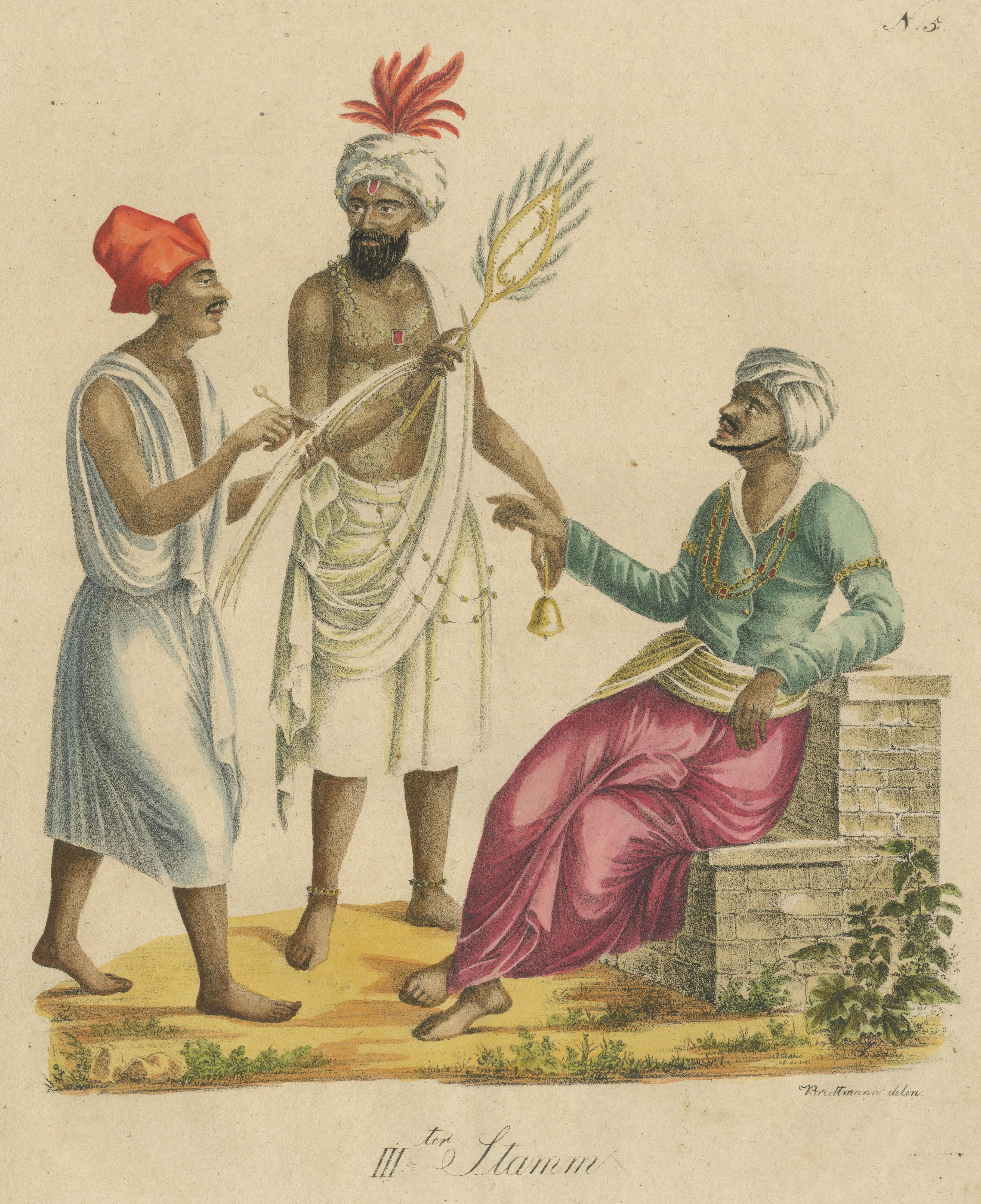 Antique Print of Men from India In Fair Condition For Sale In Langweer, NL