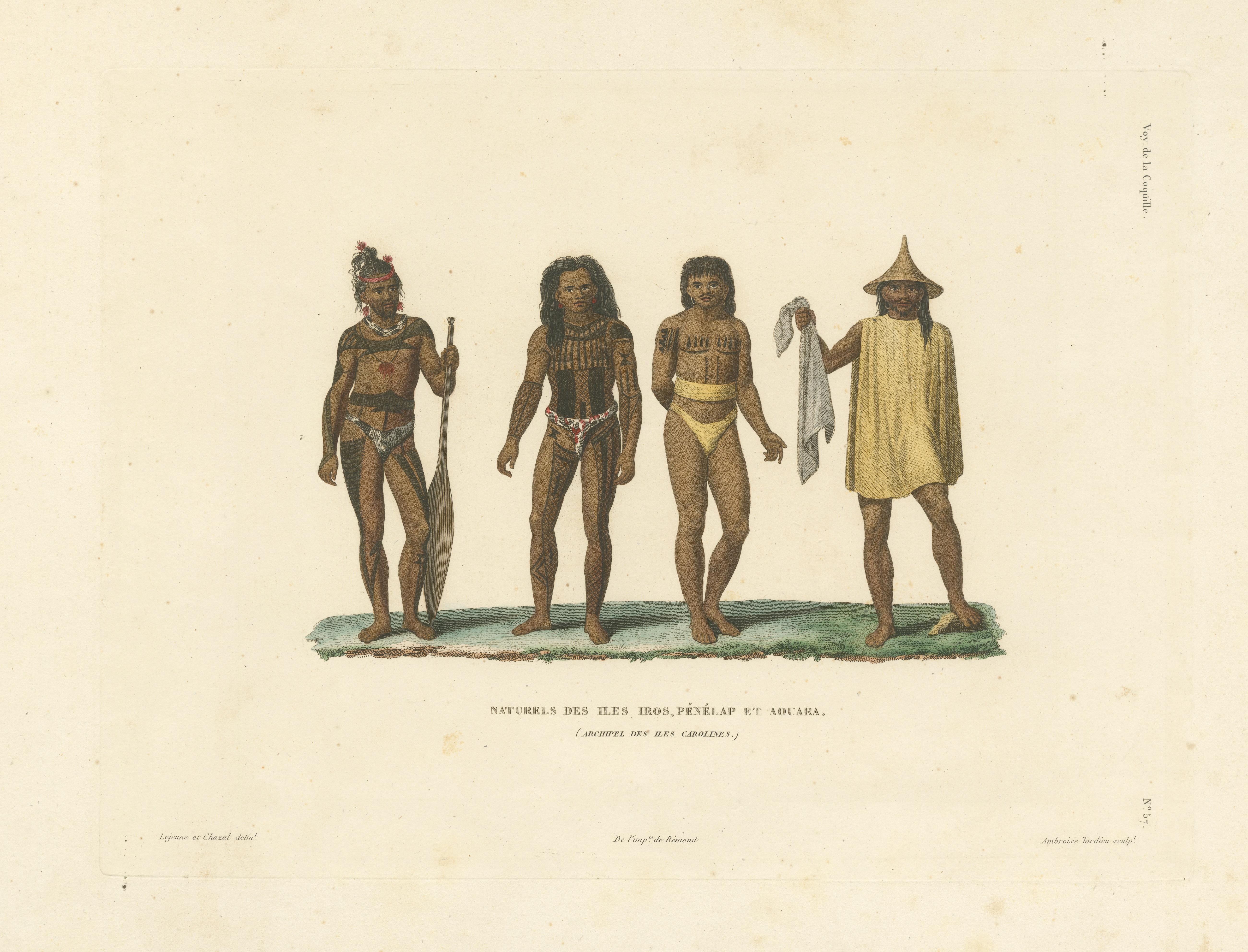 Antique Print of Men from the Caroline Islands, Micronesia In Fair Condition For Sale In Langweer, NL