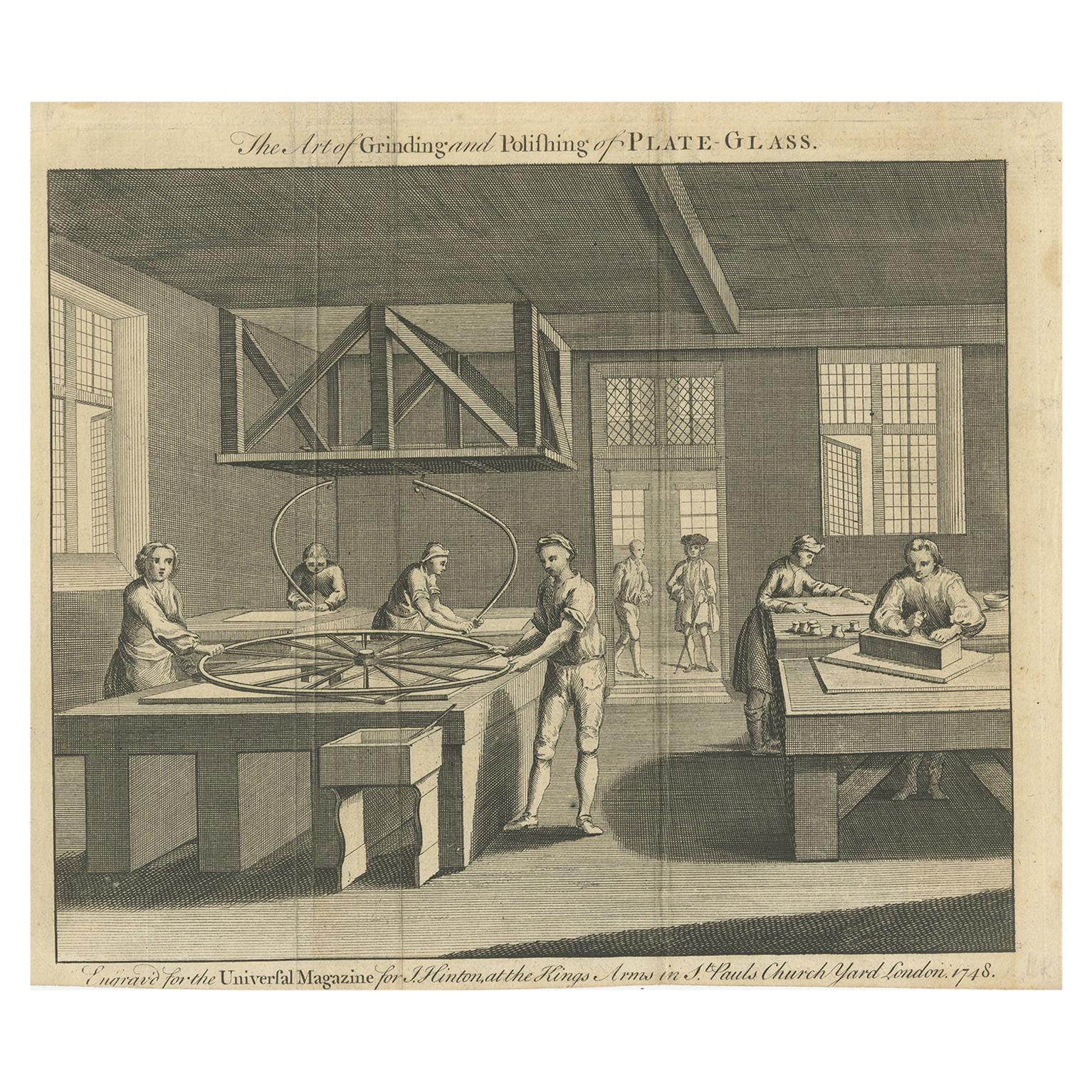 Antique Print of Men Grinding and Polishing Plate Glass by Hinton, 1748