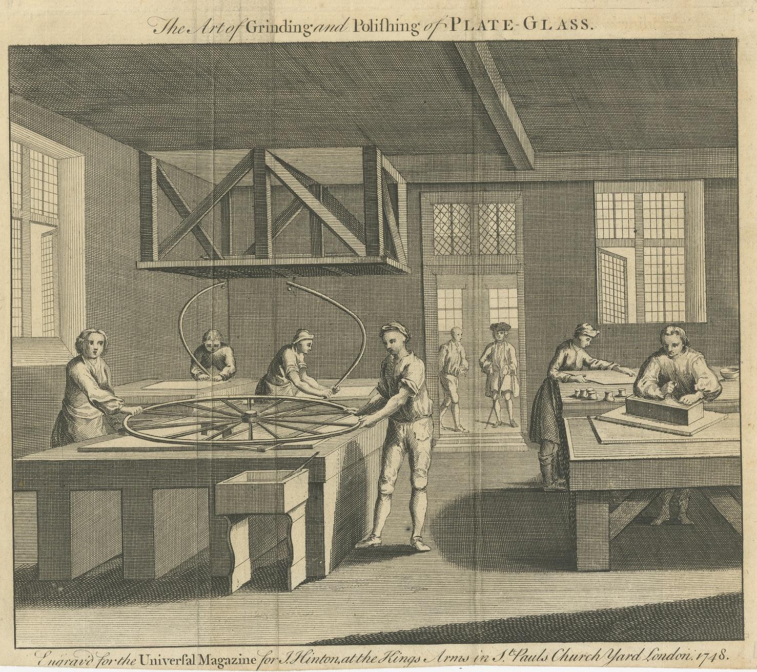 Antique print titled 'The Art of Grinding and Polishing of Plate Glass'. View of a workshop with several men at work around large tables. This print originates from 'The Universal Magazine' published by J. Hinton.