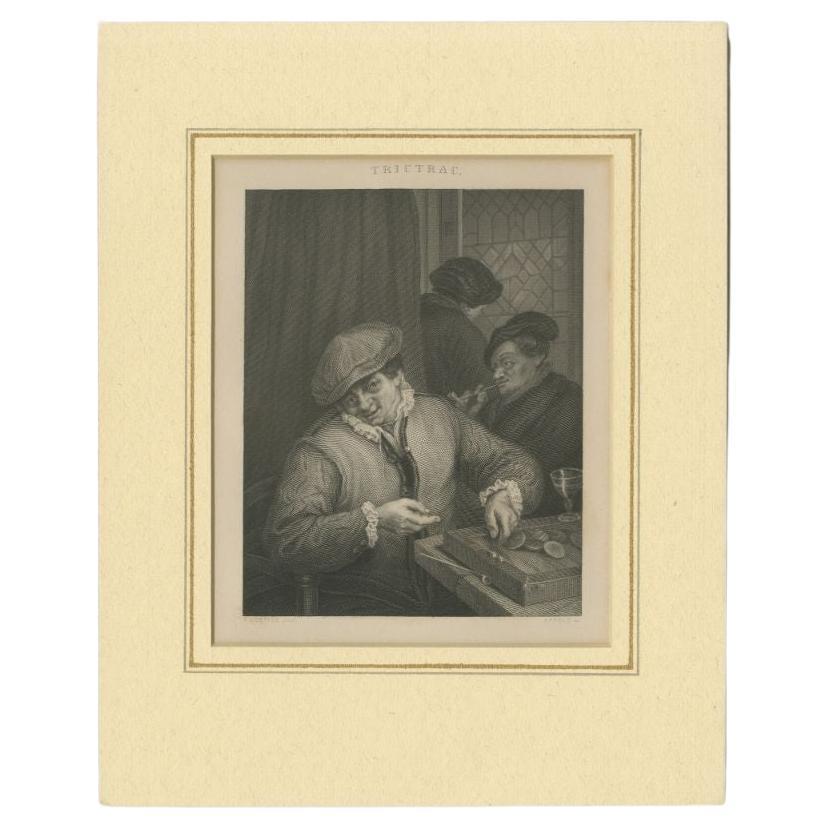Antique Print of Men Playing Trictrac or Trik Trak, Similar to Backgammon, 1850 For Sale