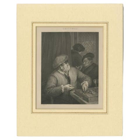 Antique Print of Men Playing Trictrac or Trik Trak, Similar to Backgammon, 1850