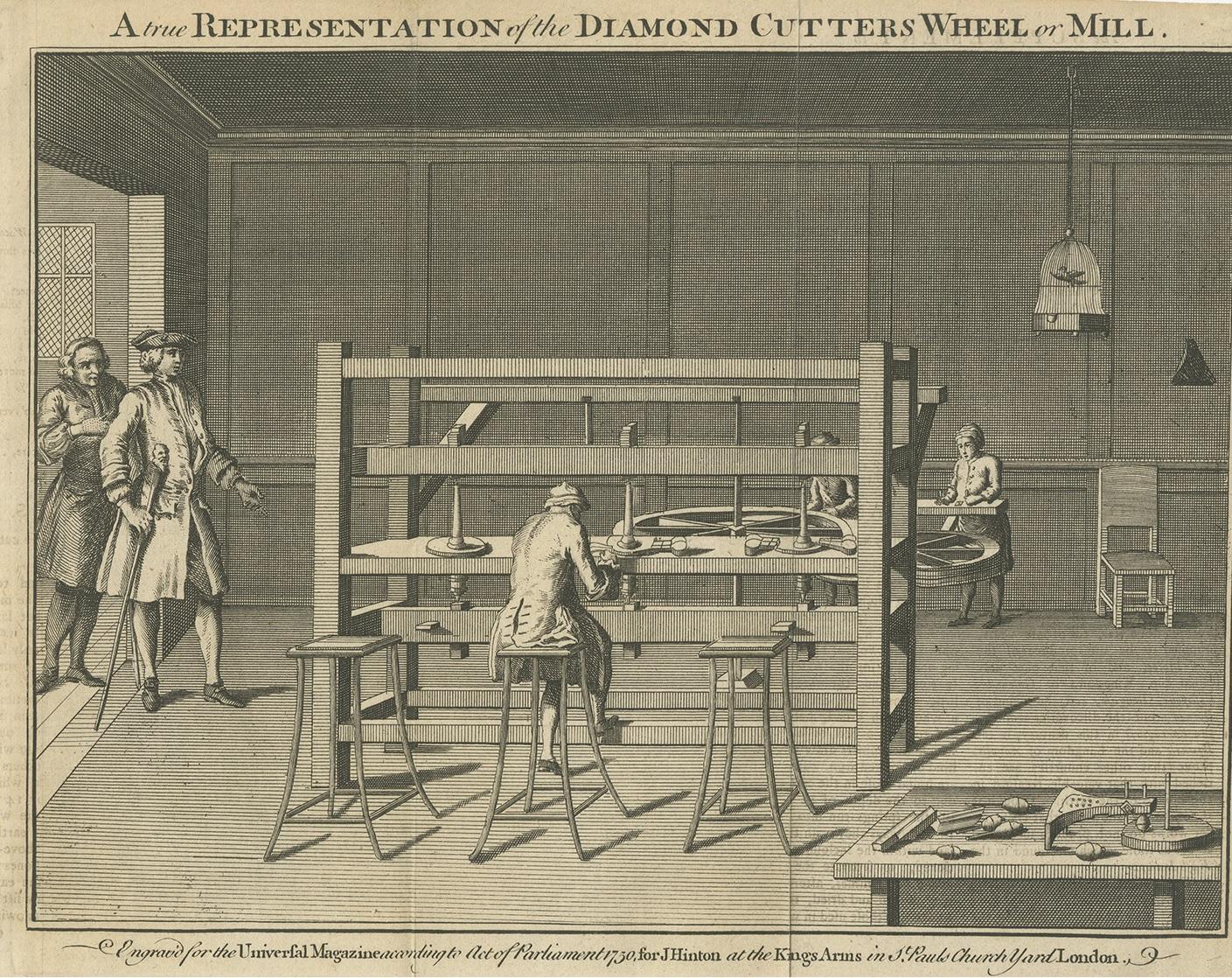 Antique print titled 'A true Representation of the Diamond Cutters Wheel or Mill'. 

View of a man working at a large diamond-cutting machine with two men working at wheels behind him. This print originates from 'The Universal Magazine' published by