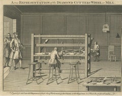 Antique Print of Men Working at a Diamond-Cutting Machine in London, '1750'