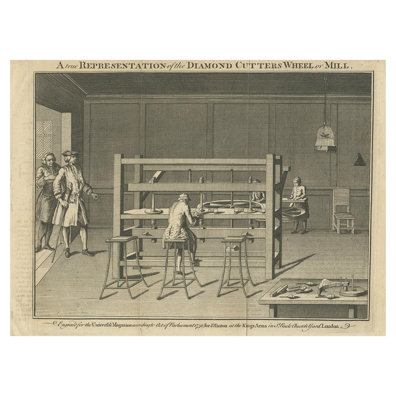 Antique Print of Men Working at a Diamond-Cutting Machine in London, '1750' For Sale