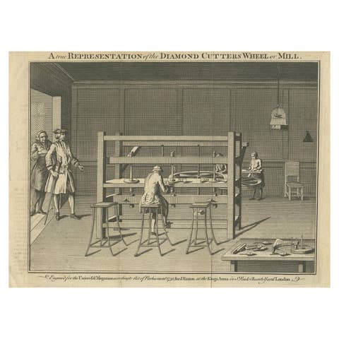 Antique Print of Men Working at a Diamond-Cutting Machine in London, '1750'