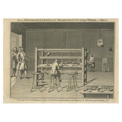 Impression ancienne d'hommes travaillant à une machine à découper des diamants à Londres, 1750