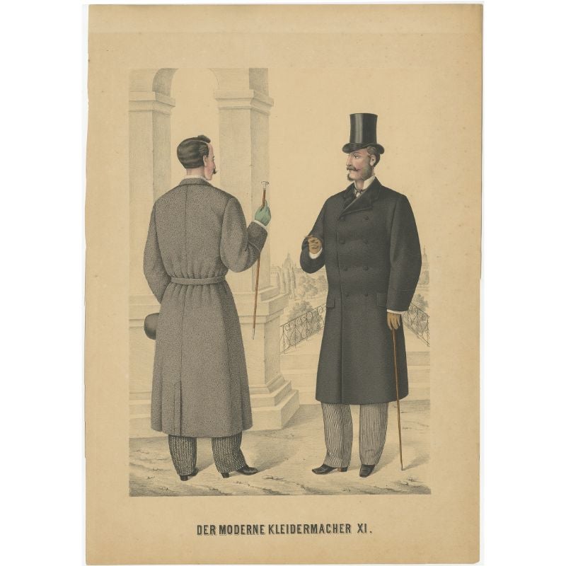 Antique costume print titled 'Der Moderne Kleidermacher XI'. Old fashion print of two men wearing various outfits including long jackets/coats and hats.

Artists and Engravers: Anonymous.

Condition: Good, general age-related toning. Minor wear,