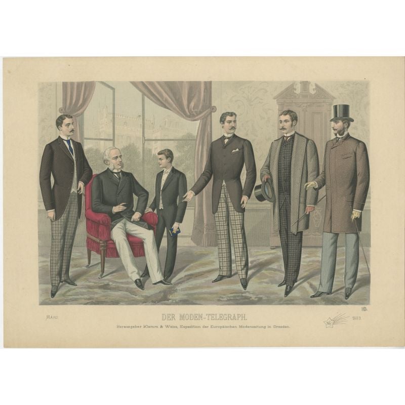 Antique Print of Men's Fashion in March 1889 by Klemm & Weiss, c.1900 For Sale