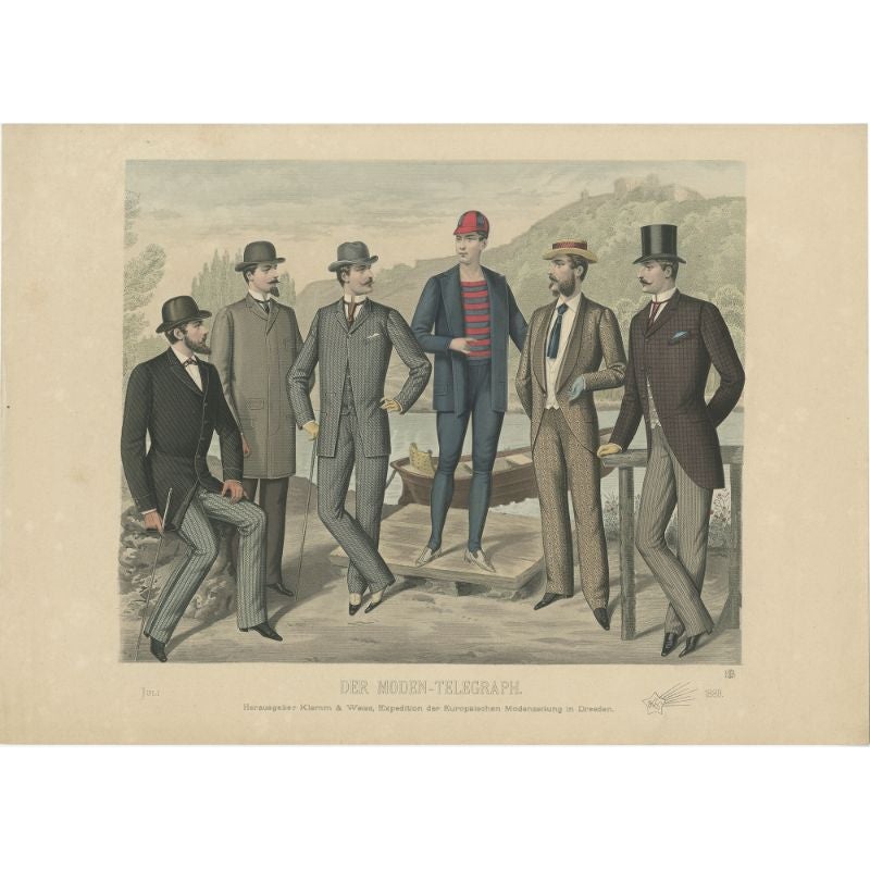 Antique Print of Men's Fashion in Published July 1889 by Klemm & Weiss, C 1900 For Sale