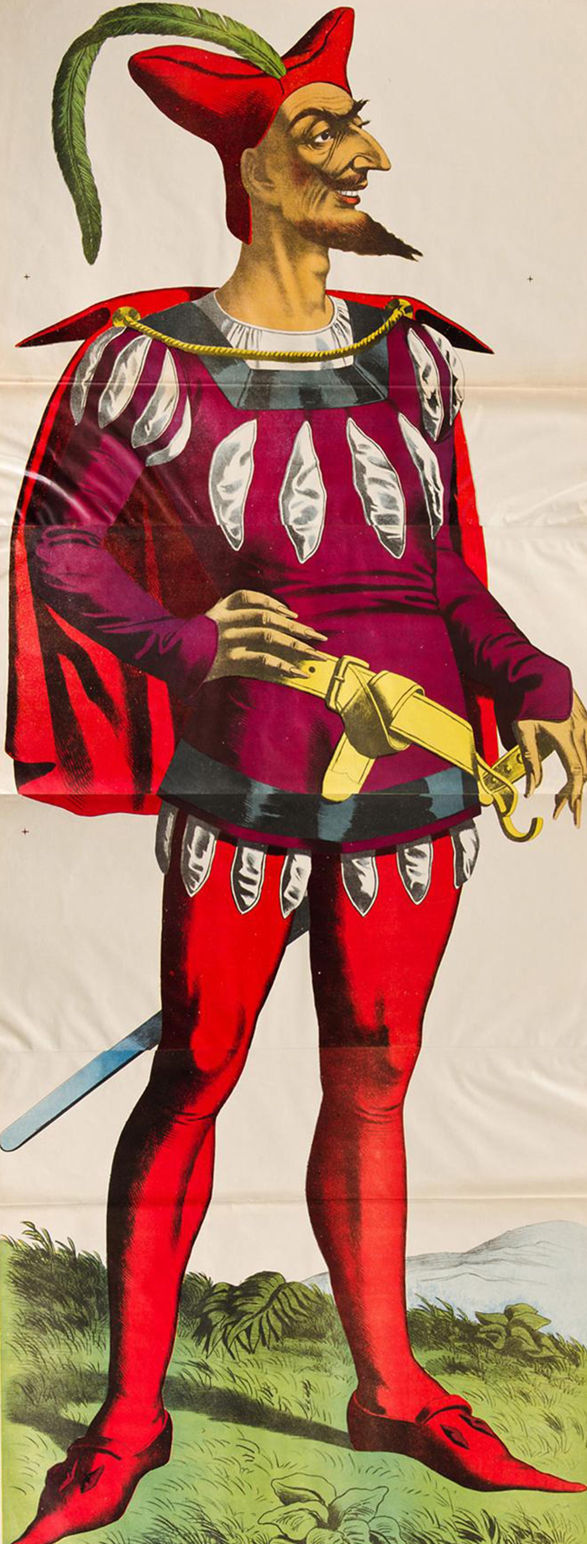 Rare, large-sized colored lithograph of Mephistopheles, published circa 1910:

**Subject**: Mephistopheles
**Publication Year**: Circa 1910

This is a rare and large-sized colored lithograph depicting Mephistopheles, a well-known demonic figure from