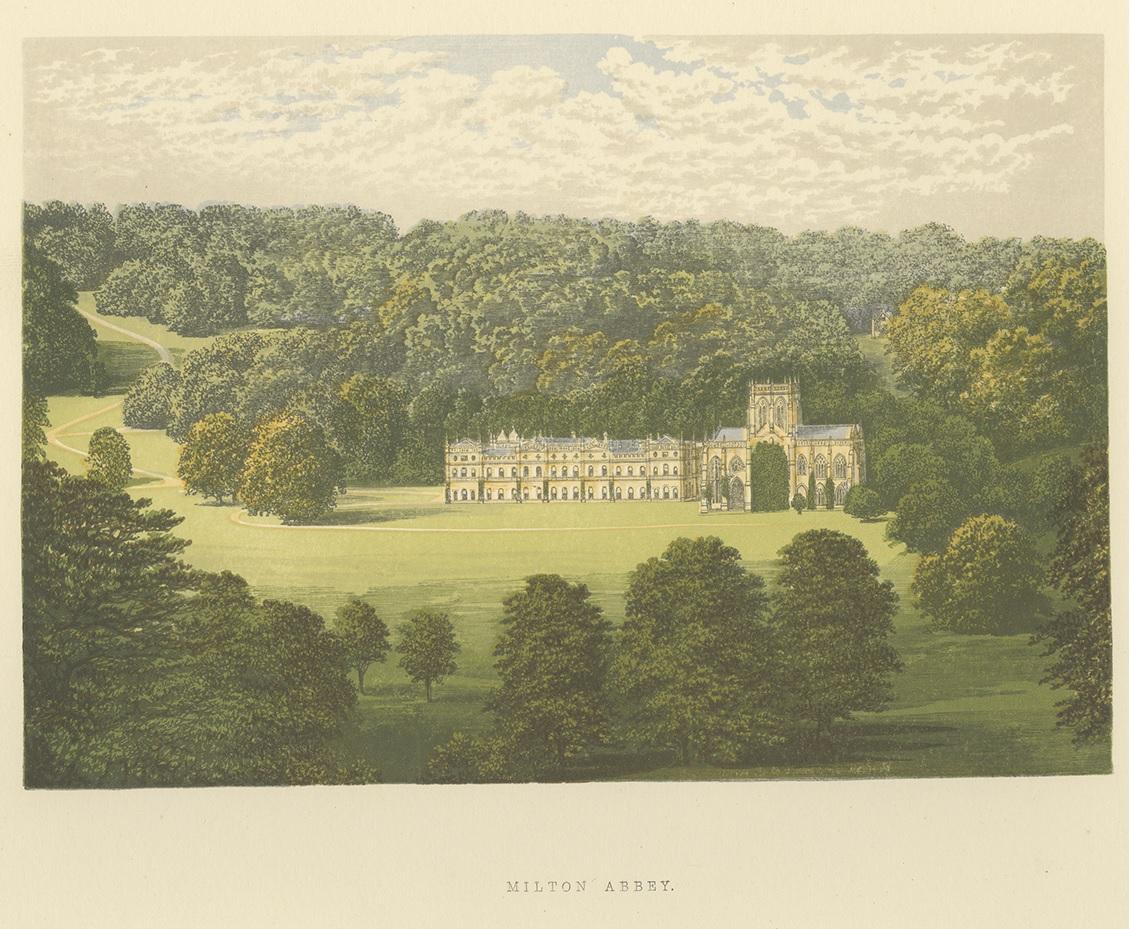 Antique print titled 'Milton Abbey'. Color printed woodblock of Milton Abbey, in the village of Milton Abbas, near Blandford Forum in Dorset, in South West England. This print originates from 'Picturesque Views of Seats of Noblemen and Gentlemen of