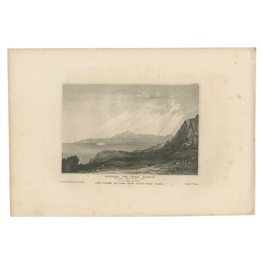 Antiker deutscher Druck mit dem Titel 'Aussischt vom Berge Carmel'. Blick auf den Berg Karmel, auf Arabisch auch als Berg Mar Elias bekannt. Stammt von 