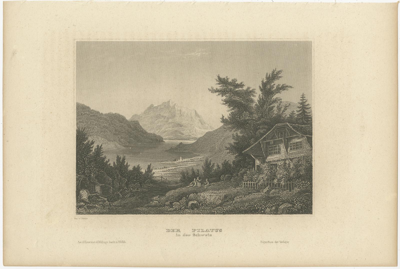 Antique print titled 'Der Pilatus in der Schweiz'. View of Mount Pilatus, a mountain massif overlooking Lucerne in Central Switzerland. Originates from 'Meyers Universum'. Published circa 1850.

Joseph Meyer (May 9, 1796 - June 27, 1856) was a