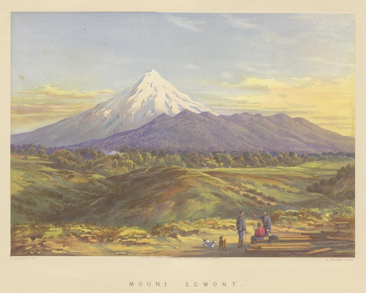 Antique print titled 'Mount Egmont'. View of Mount Taranaki / Egmont, New Zealand. An active stratovolcano in the Taranaki region. Lithographed by E. Walker after a drawing by Barraud. This print originates from 'New Zealand: Graphic and