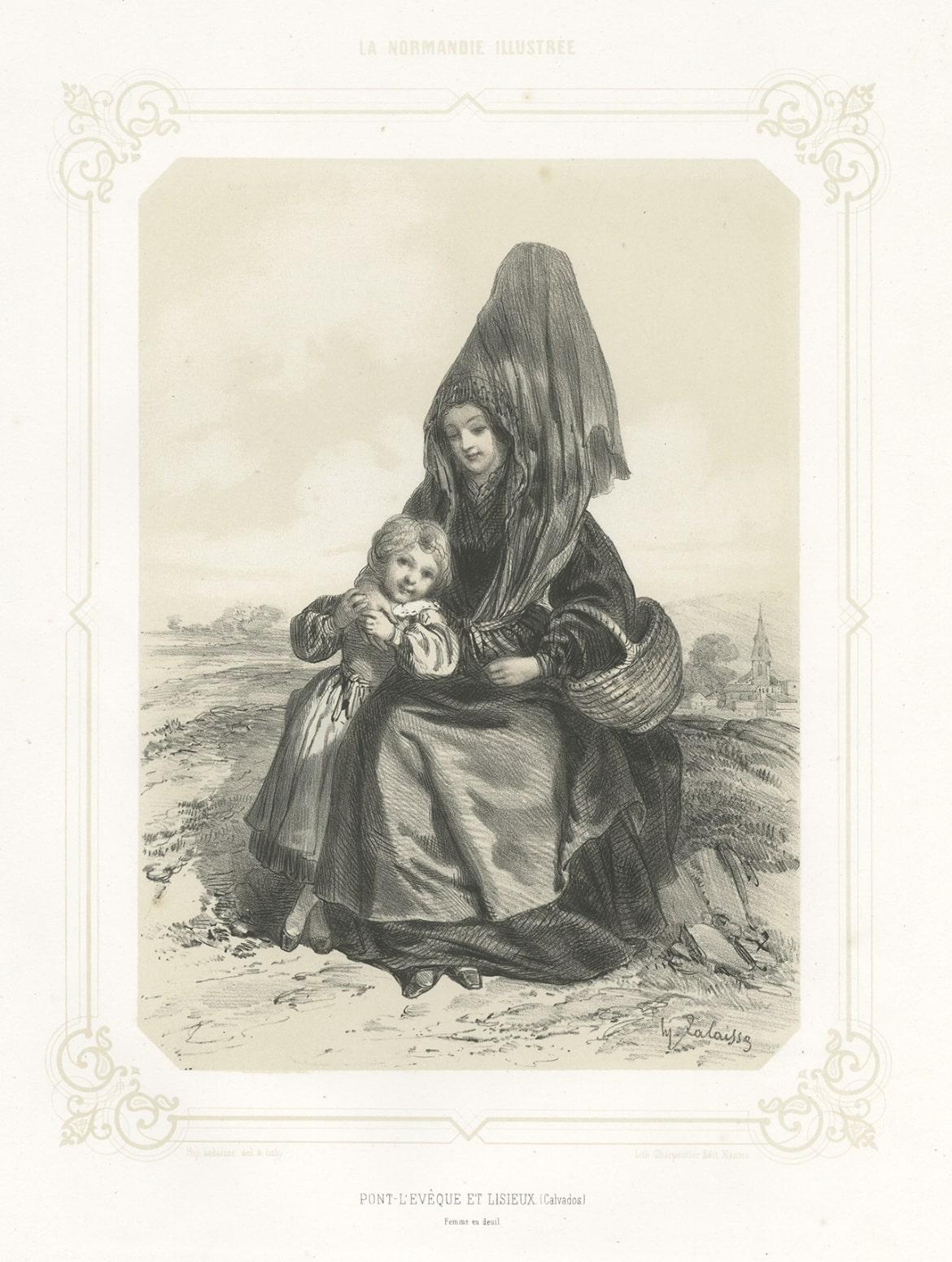 Papier Impression ancienne de femme de deuil provenant de la région de Lisieux en France, 1852 en vente
