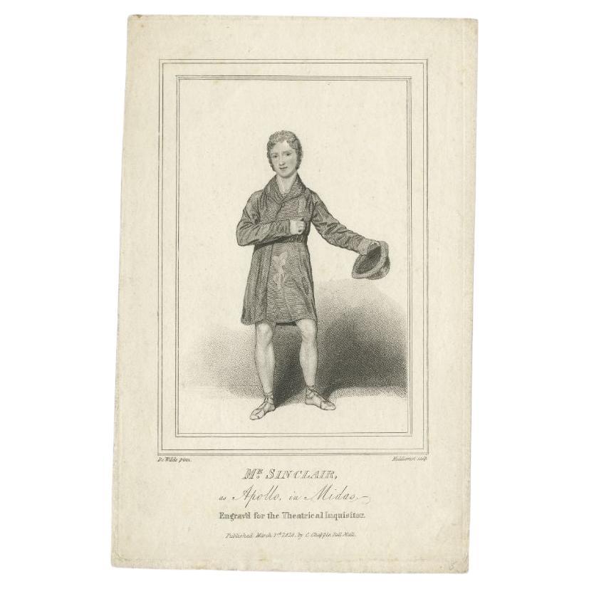 Antique Print of Mr. Sinclair as Apollo in Midas, circa 1814 For Sale