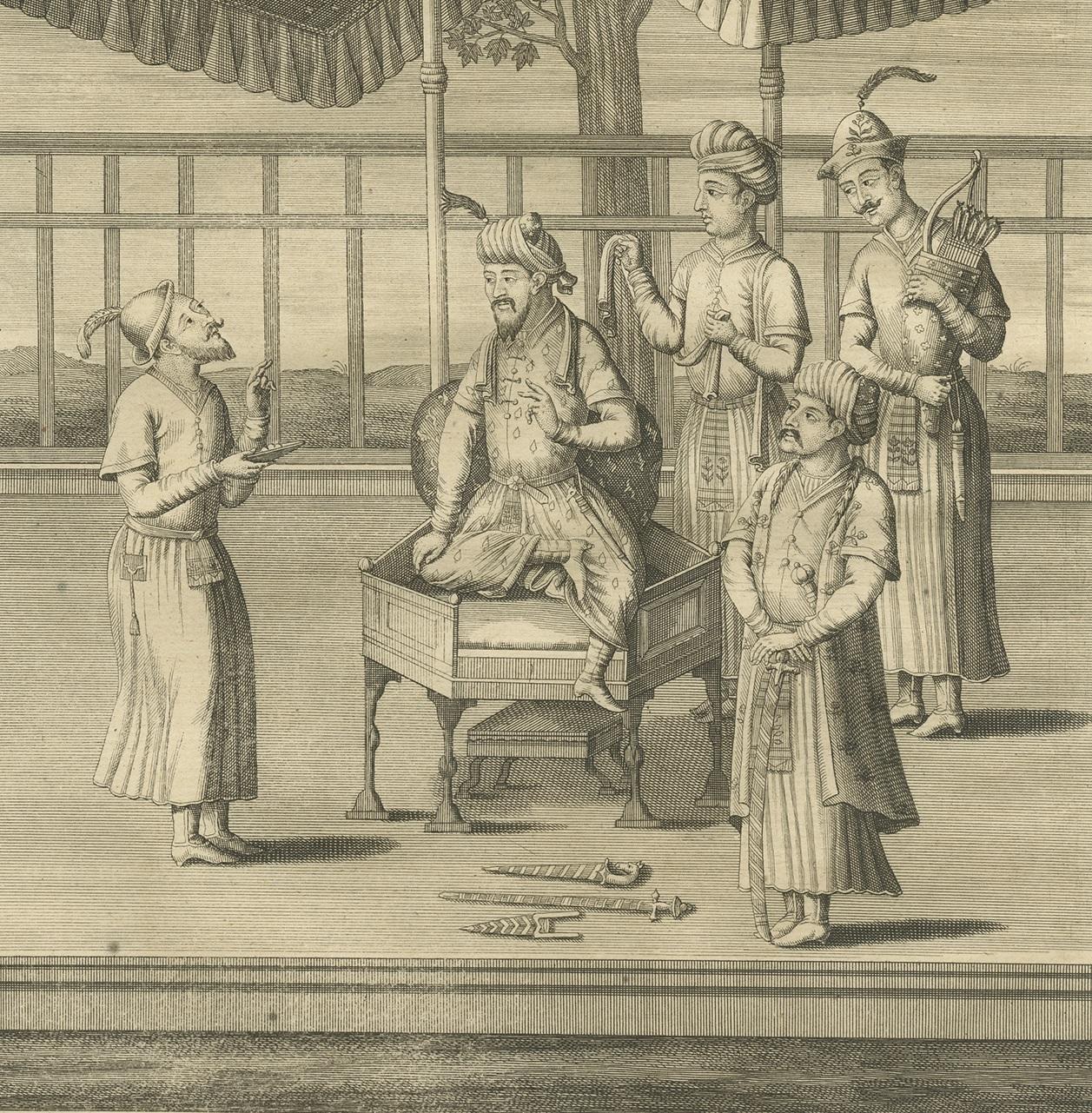 Impression ancienne de figures de l'Empire moghol par Valentijn '1726' Bon état - En vente à Langweer, NL