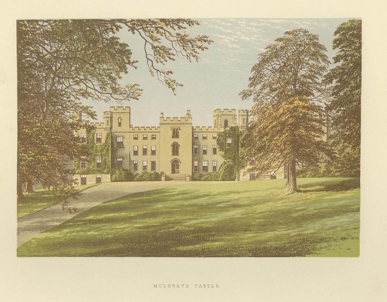 Antique print titled 'Mulgrave Castle'. Color printed woodblock of Mulgrave Castle, in Lythe, near Whitby, Yorkshire, England. This print originates from 'Picturesque Views of Seats of Noblemen and Gentlemen of Great Britain and Ireland' by the Rev.