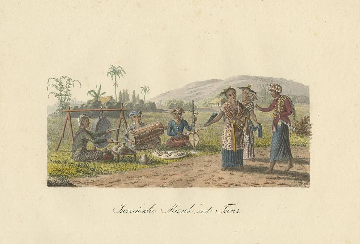 Antique Print of Music and Dance of Java by Hurter, circa 1830