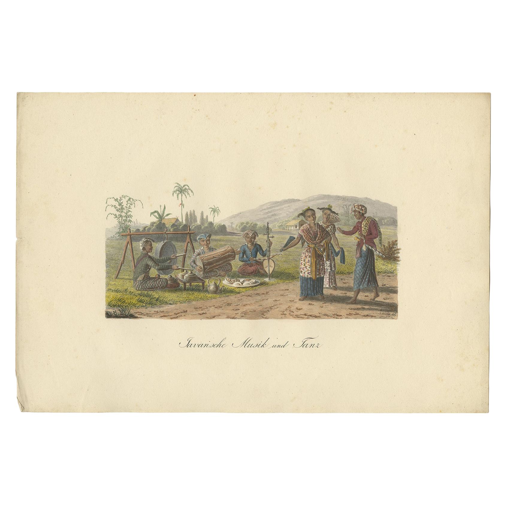 Antique Print of Music and Dance of Java by Hurter, circa 1830