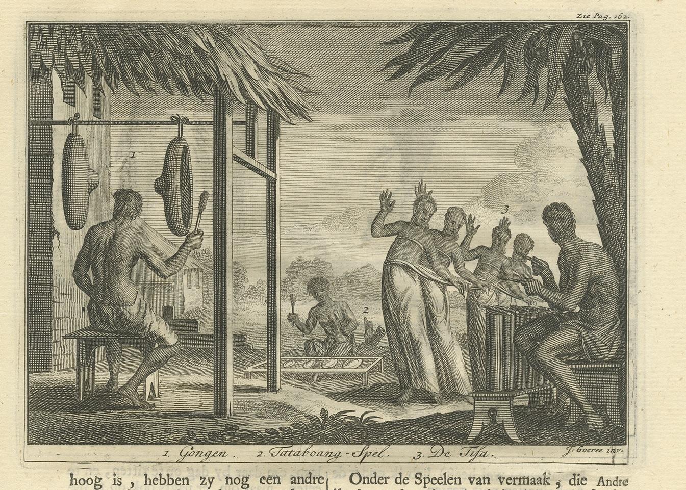 Antique print of various music instruments from Ambon, Indonesia. On verso, image of shoes. This print originates from 'Oud en Nieuw Oost-Indiën' by F. Valentijn.
