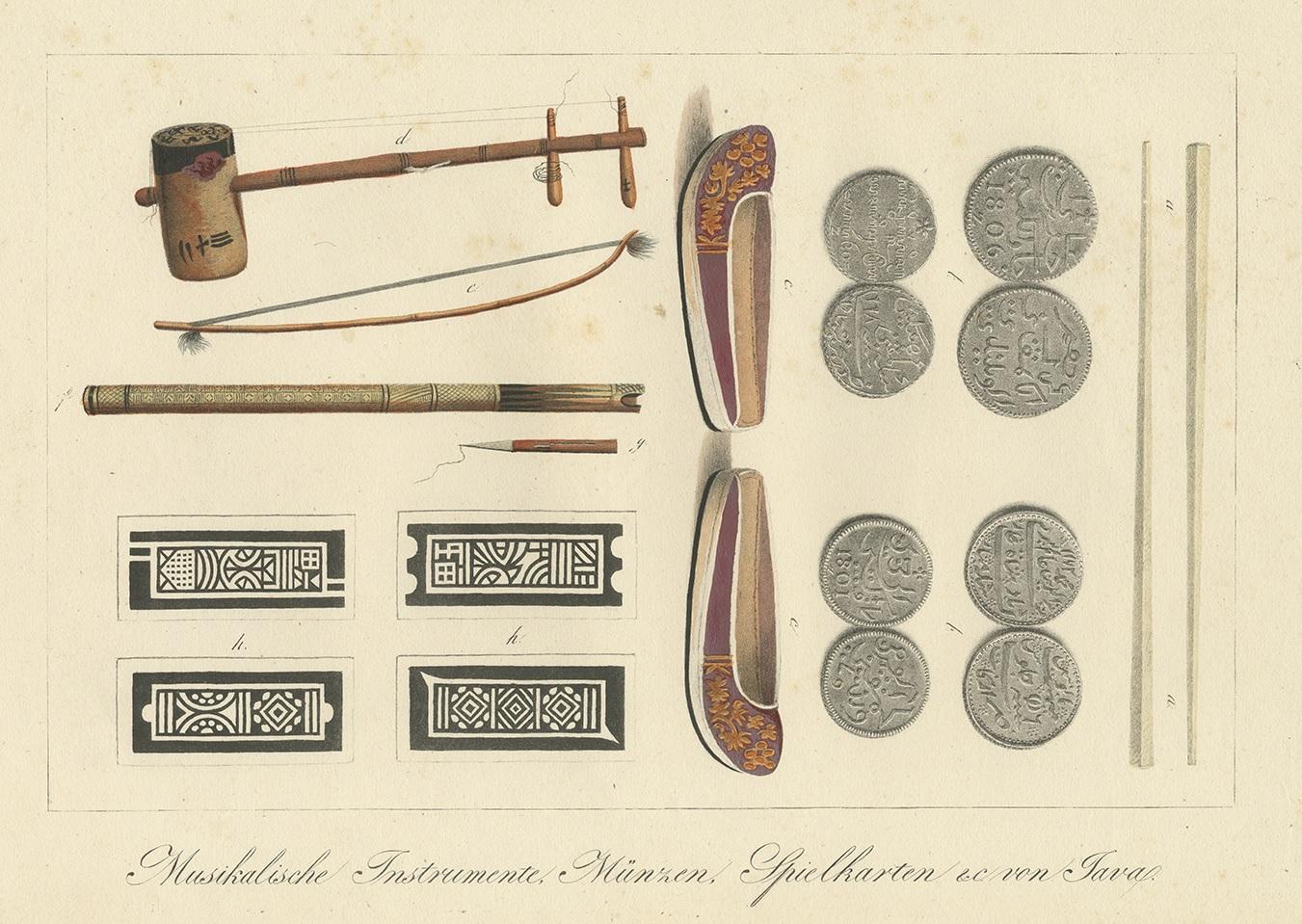 Antique print titled 'Musikalische Instrumente, Münzen, Spielkarten & c von Java'. Uncommon engraving of musical instruments, coins, playing cards and other items of Java, Indonesia. Shows; a: Ivory chopsticks; b: coins; c: Tjenella (slippers); d:
