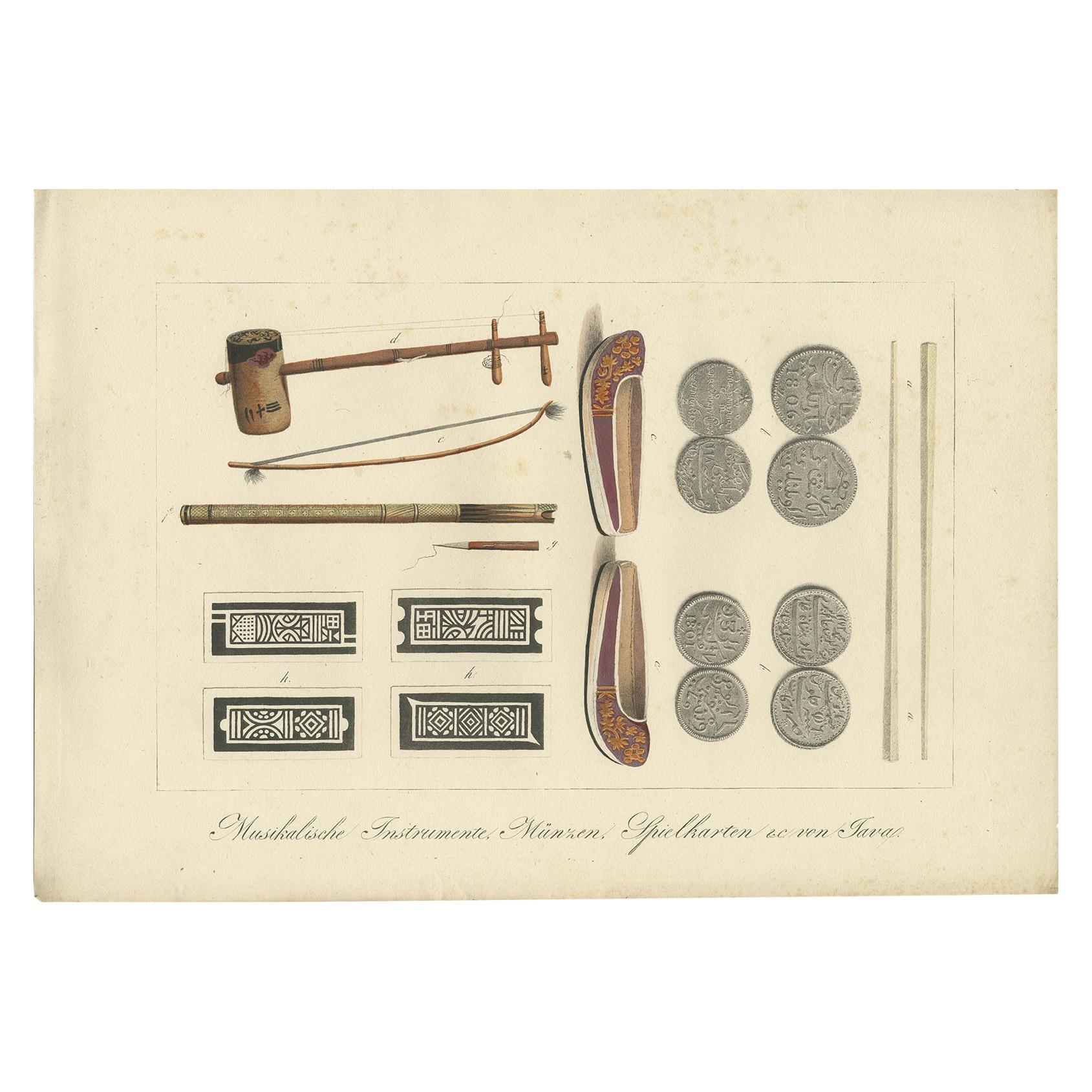 Print of Musical Instruments and Other Items of Java by Hurter 'circa 1830'