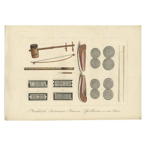 Print of Musical Instruments and Other Items of Java by Hurter 'circa 1830'