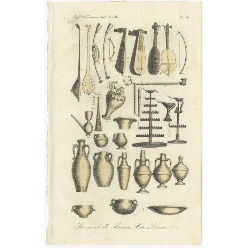 Antique Print of Musical Instruments by Ferrario, 1834 For Sale