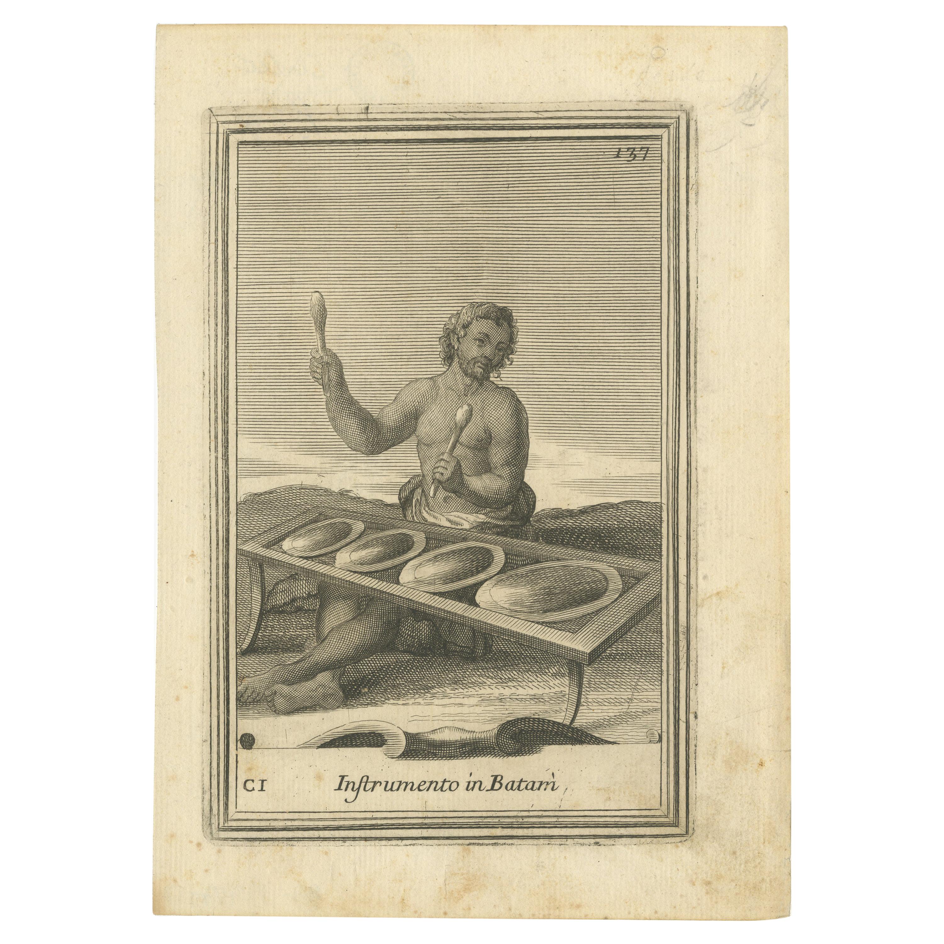 Grabado antiguo de Instrumentos musicales en Banten por Bonanni '1725