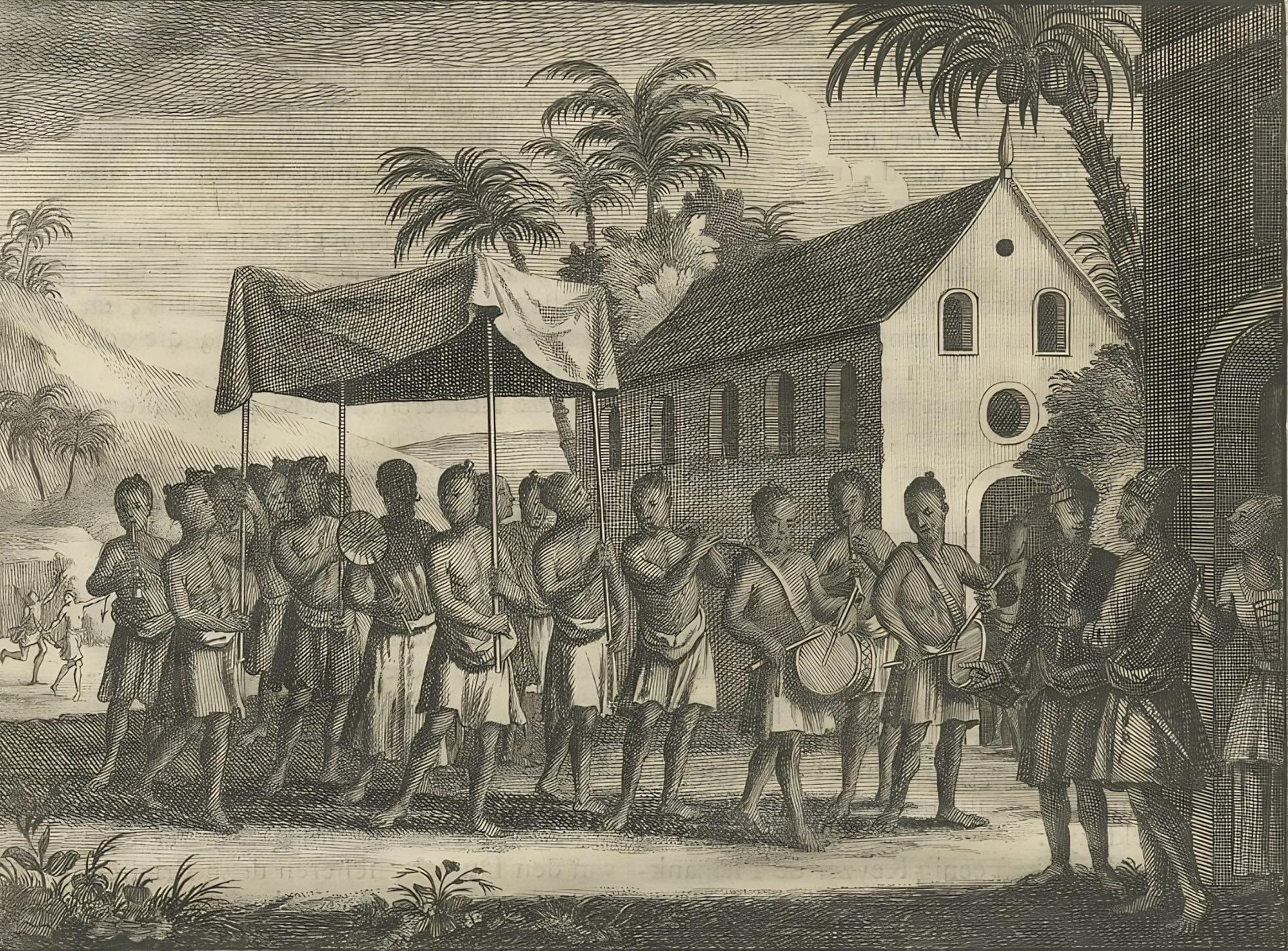 Grabado antiguo de Músicos en Ceilán ' Sri Lanka ' por Valentijn, 1726 en Bueno estado para la venta en Langweer, NL