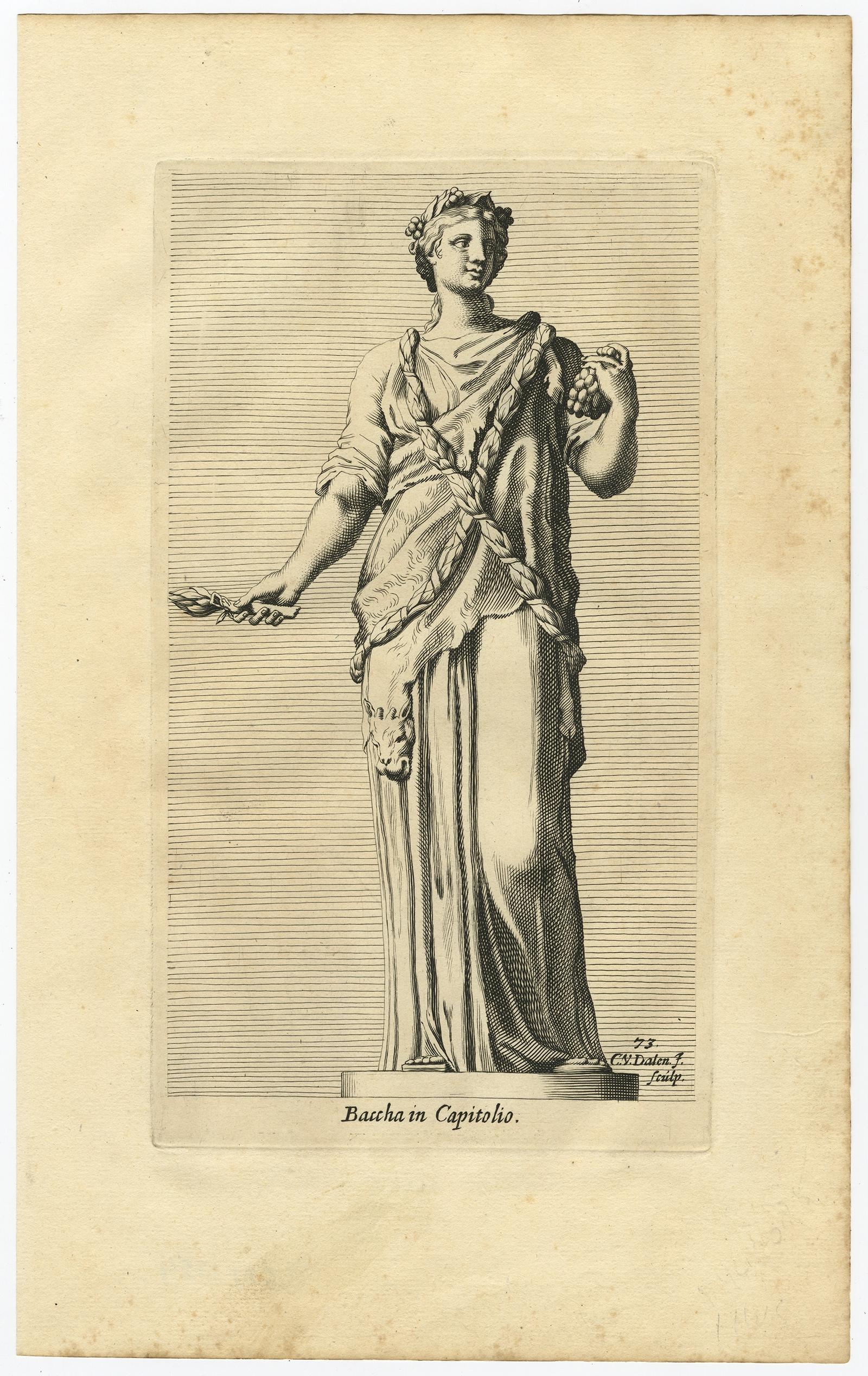 Description: antique print, titled: 'Baccha in Capitolio.' 

Statue of Bacchus or Dionysus, the god of the grape harvest, winemaking and wine, of ritual madness, fertility, theatre and religious ecstasy in ancient Greek religion and myth.

From