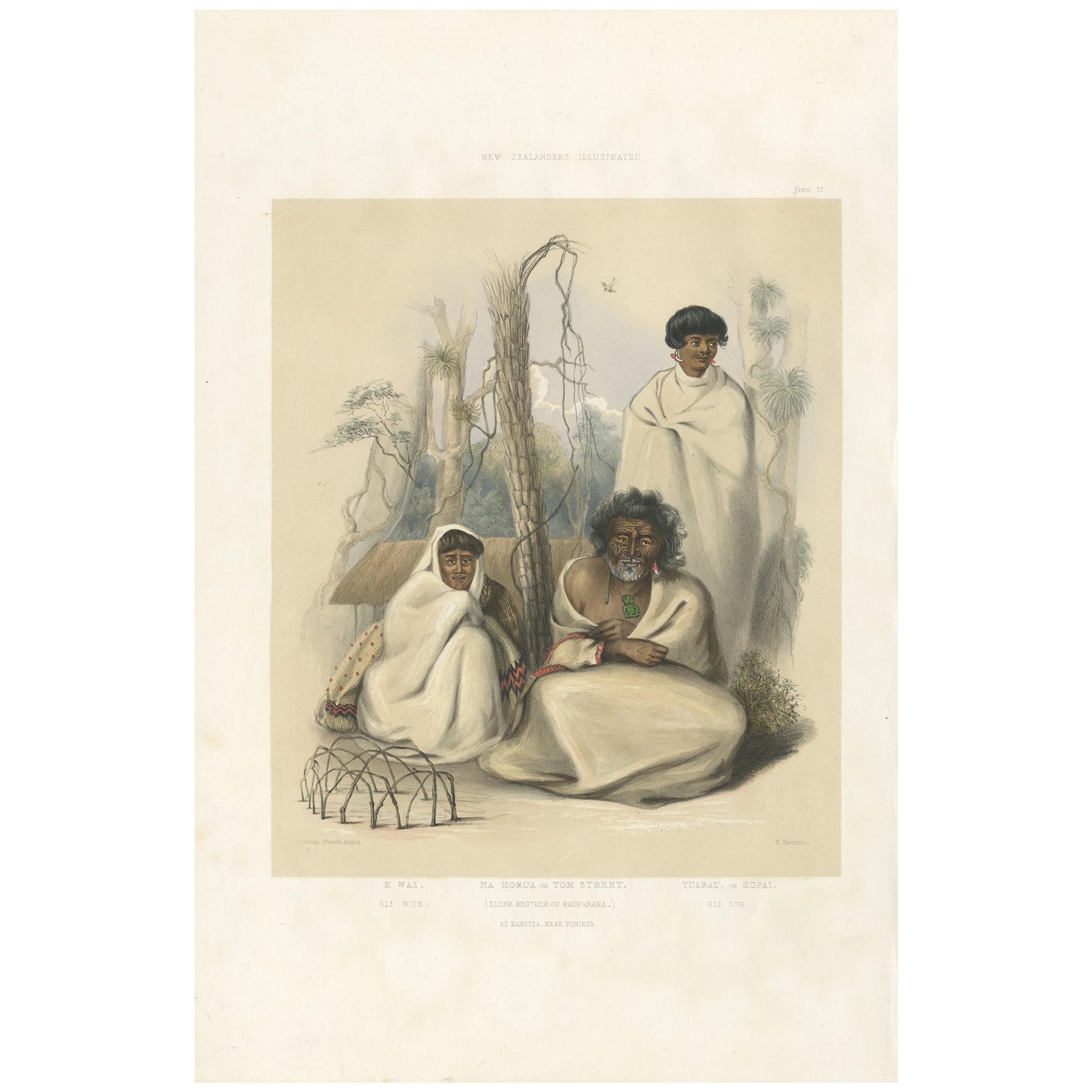 Antique Print of Na Horua and his Family by Angas, 1847 For Sale