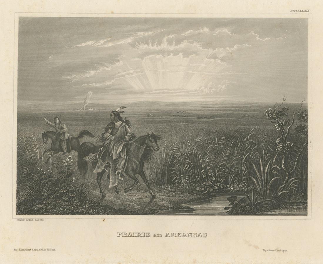 Antique print titled 'Prairie am Arkansas'. View of Native American Indians on a prairie in Arkansas. This print originates from 'Meyer's Universum', published circa 1850.
