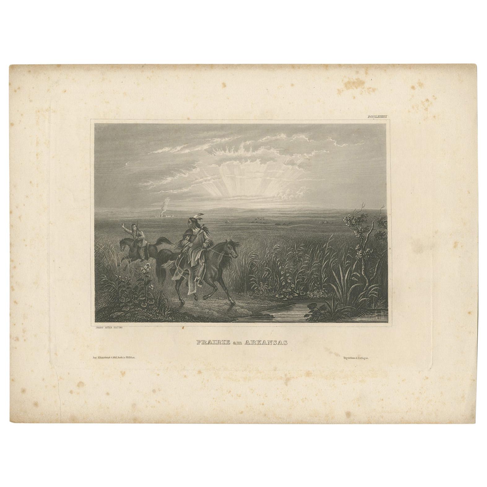 Antique Print of Native American Indians on a Prairie in Arkansas '1857' For Sale