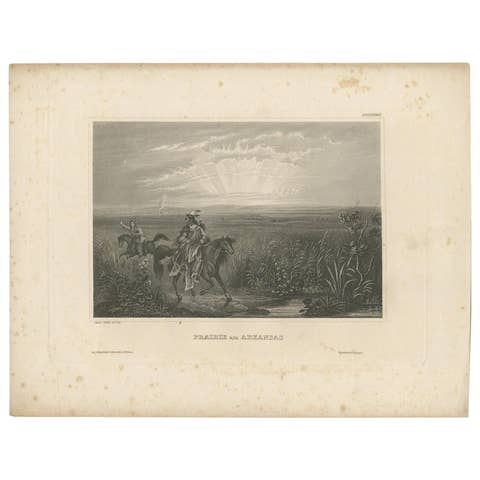 Antique Print of Native American Indians on a Prairie in Arkansas, c. 1850