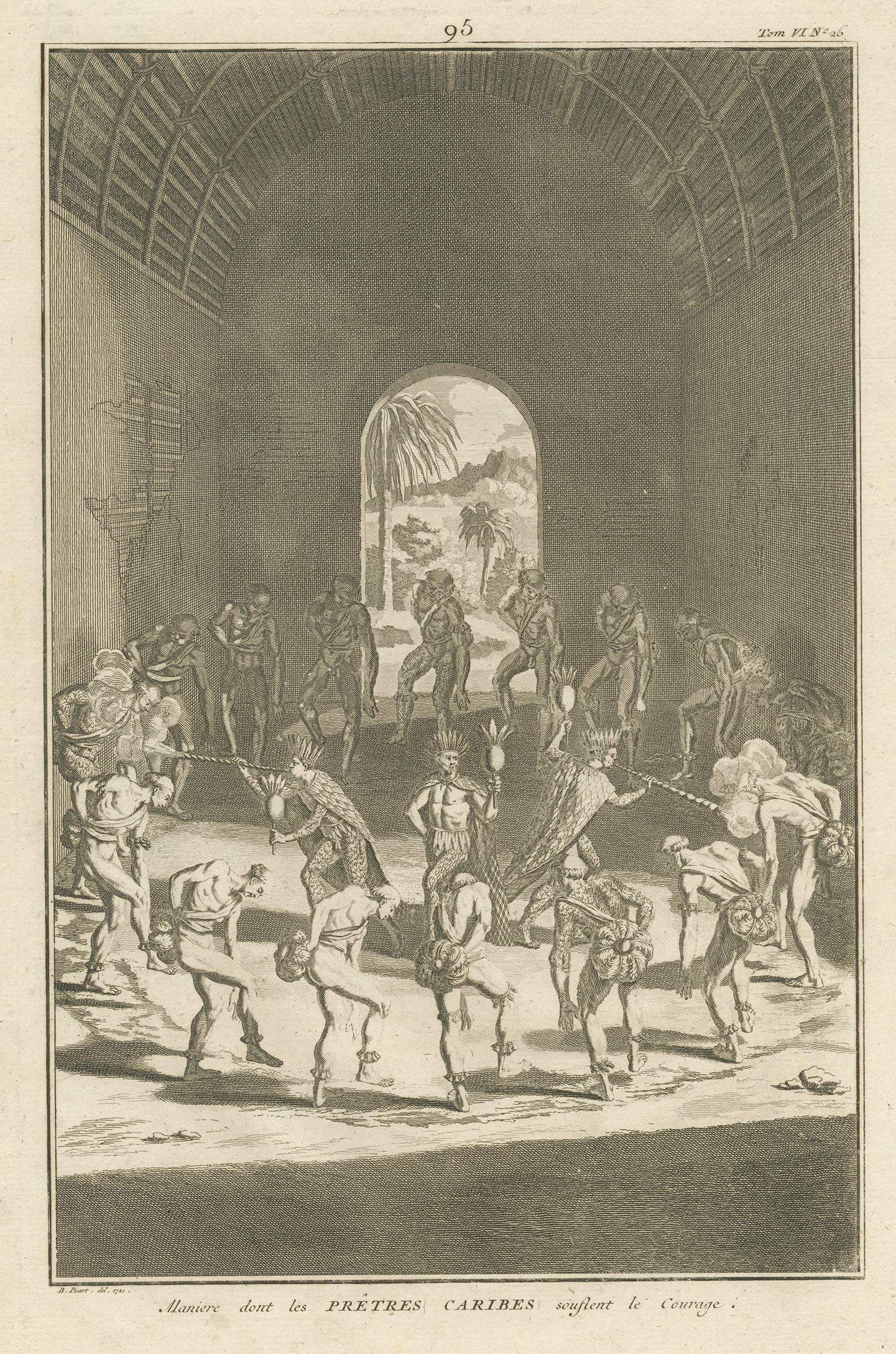 Antique religion print titled 'Maniere dont les Prêtres Caribes souflent le Courage'. This print depicts native Americans of Venezuela dancing in a dwelling preparing for war. This print originates from 'Ceremonies et costumes Religieuses (..)'.