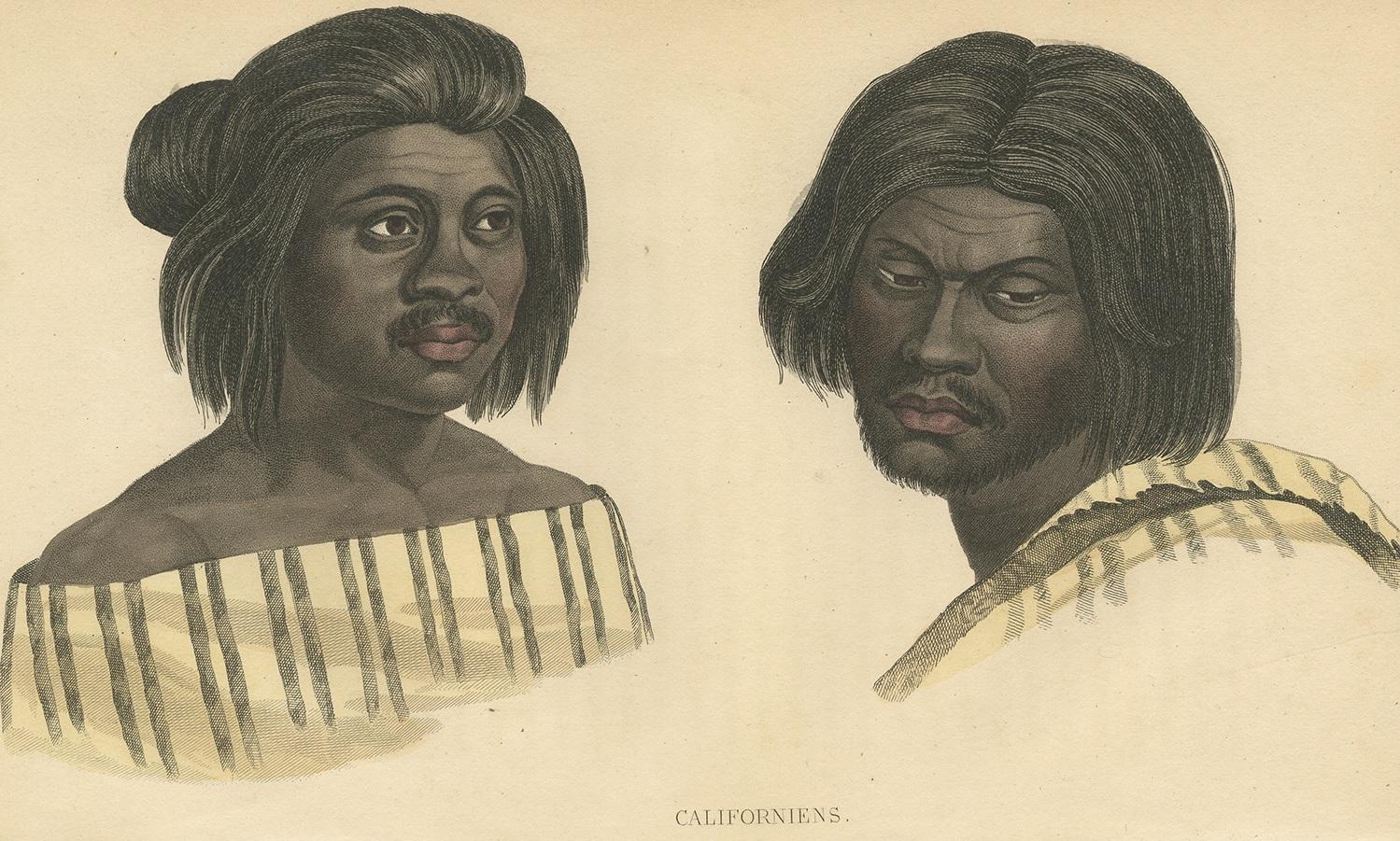 Antique print titled 'Californiens'. Lithograph of Native Californians, the indigenous inhabitants who have lived or currently live in the geographic area within the current boundaries of California before and after the arrival of Europeans. This