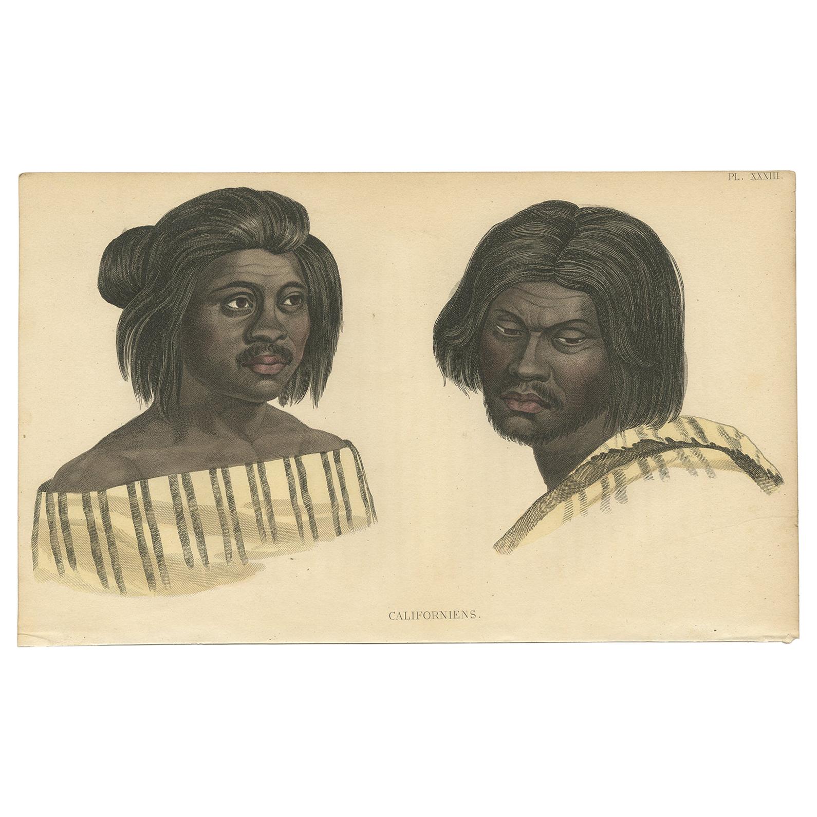 Antique Print of Native Californians by Prichard '1843' For Sale