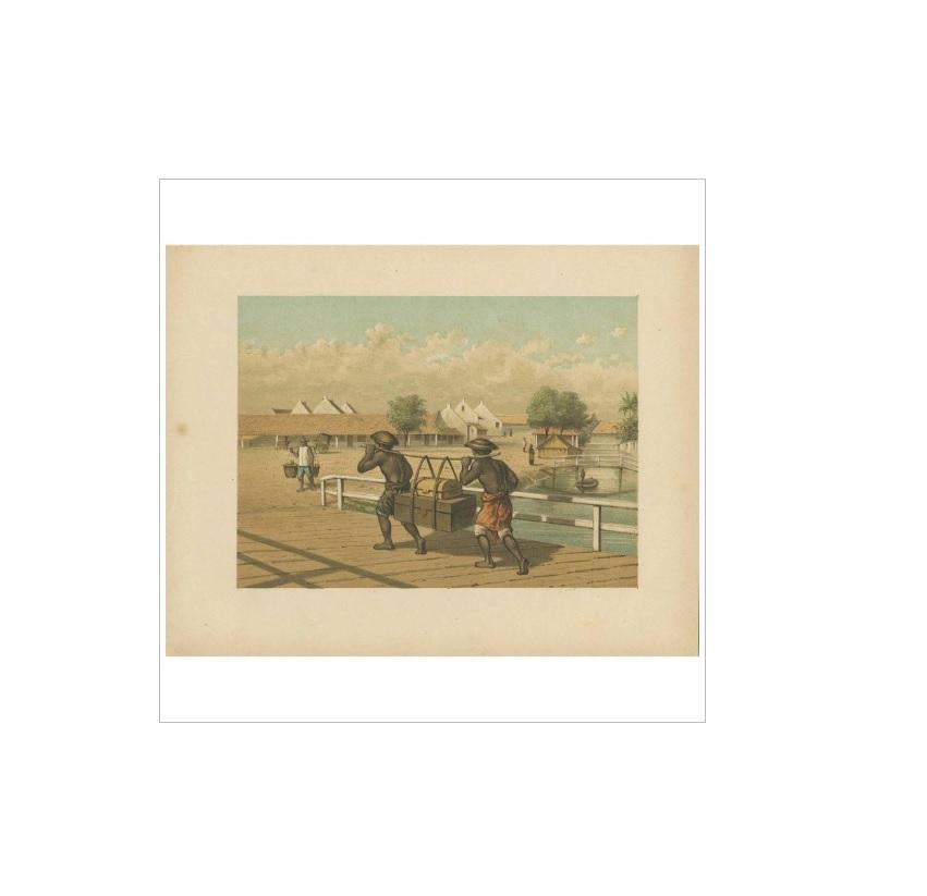 19th Century Antique Print of native 'koelies' or carriers on Java by M.T.H. Perelaer (1888) For Sale