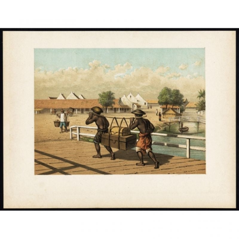 Stampa antica di nativi 'Koelies' o portatori a Giava, Indonesia, 1888