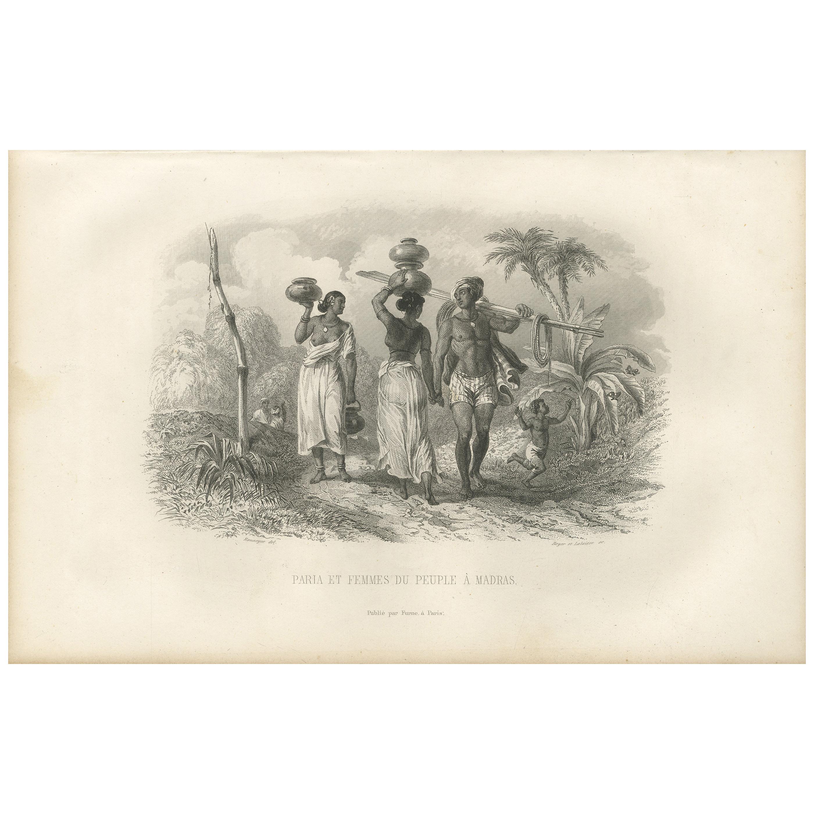 Impression ancienne d'Amérindiens de Madras en Inde, 1853 en vente