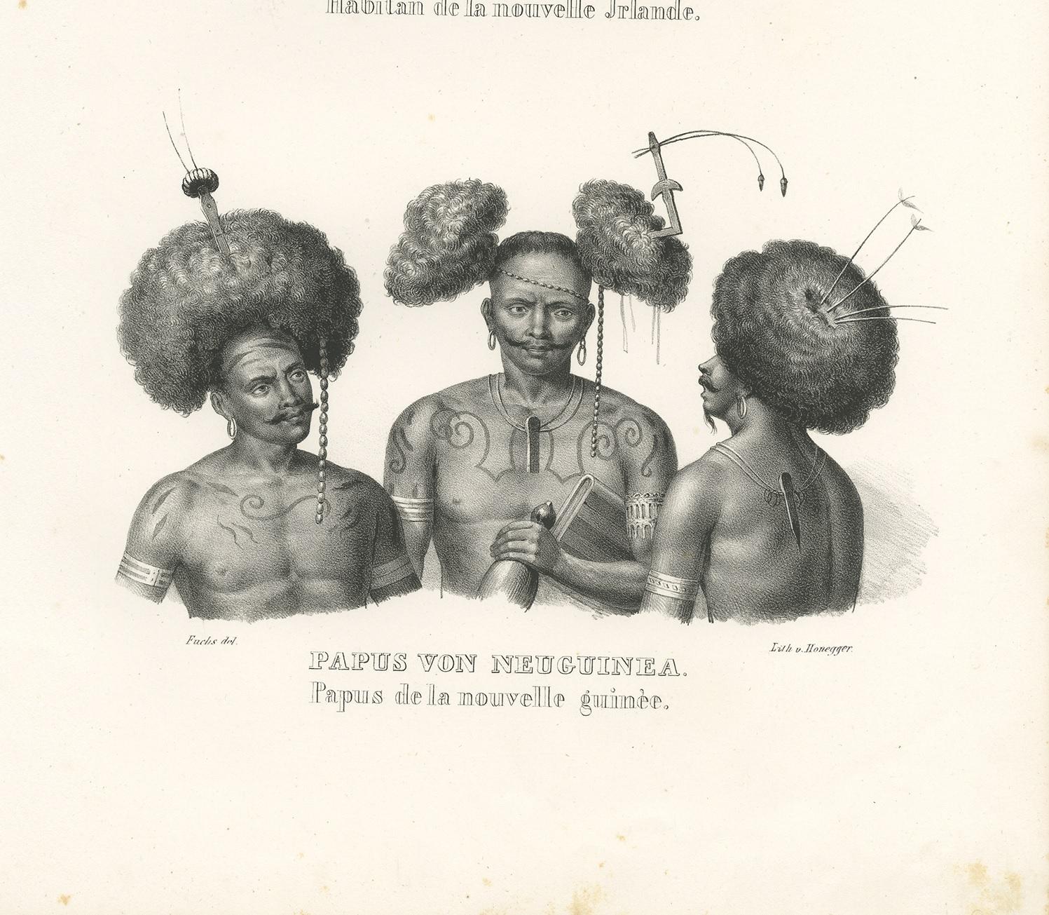 Antique Print of Natives from New Ireland and New Guinea by Honegger, 1836 In Good Condition For Sale In Langweer, NL