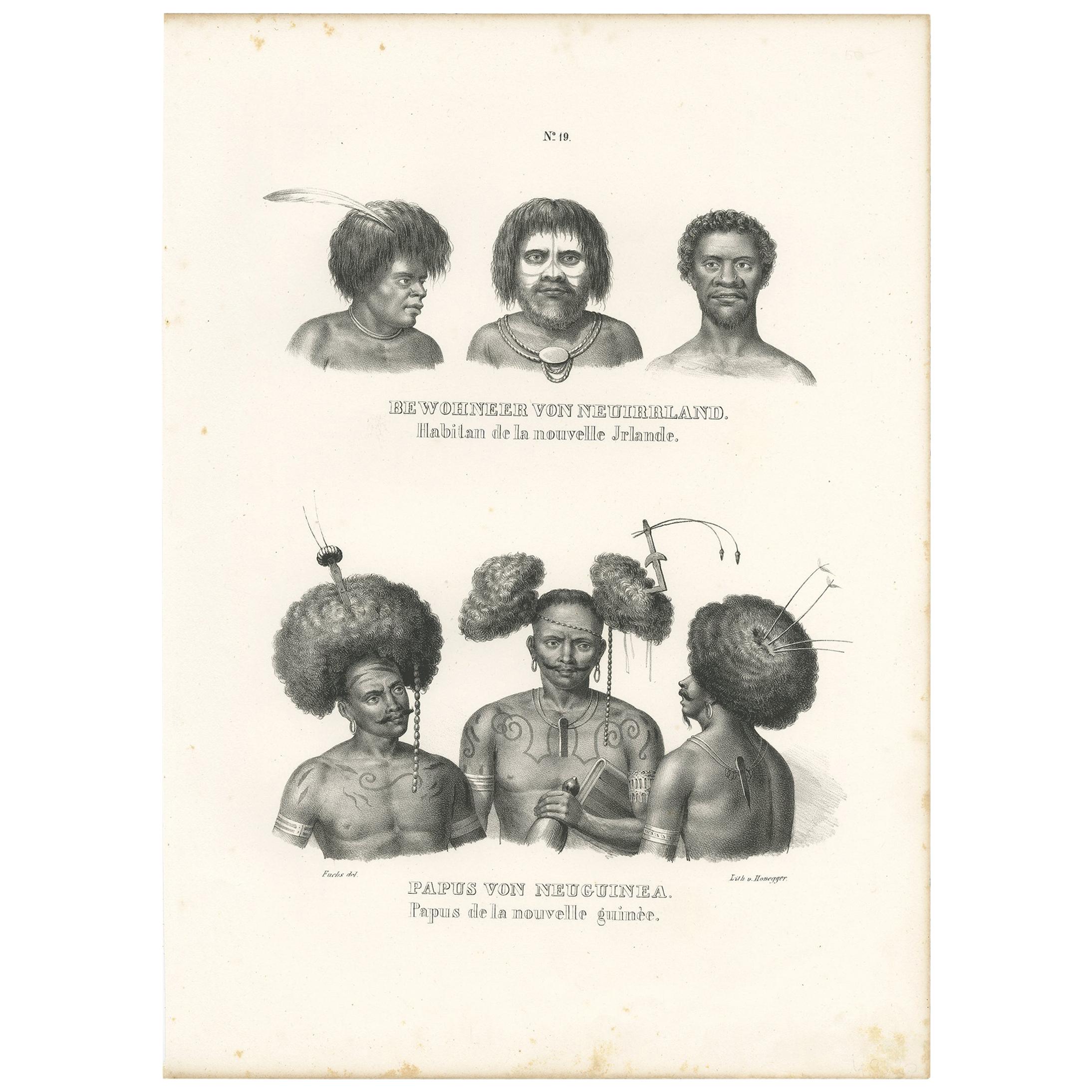 Antique Print of Natives from New Ireland and New Guinea by Honegger, 1836 For Sale