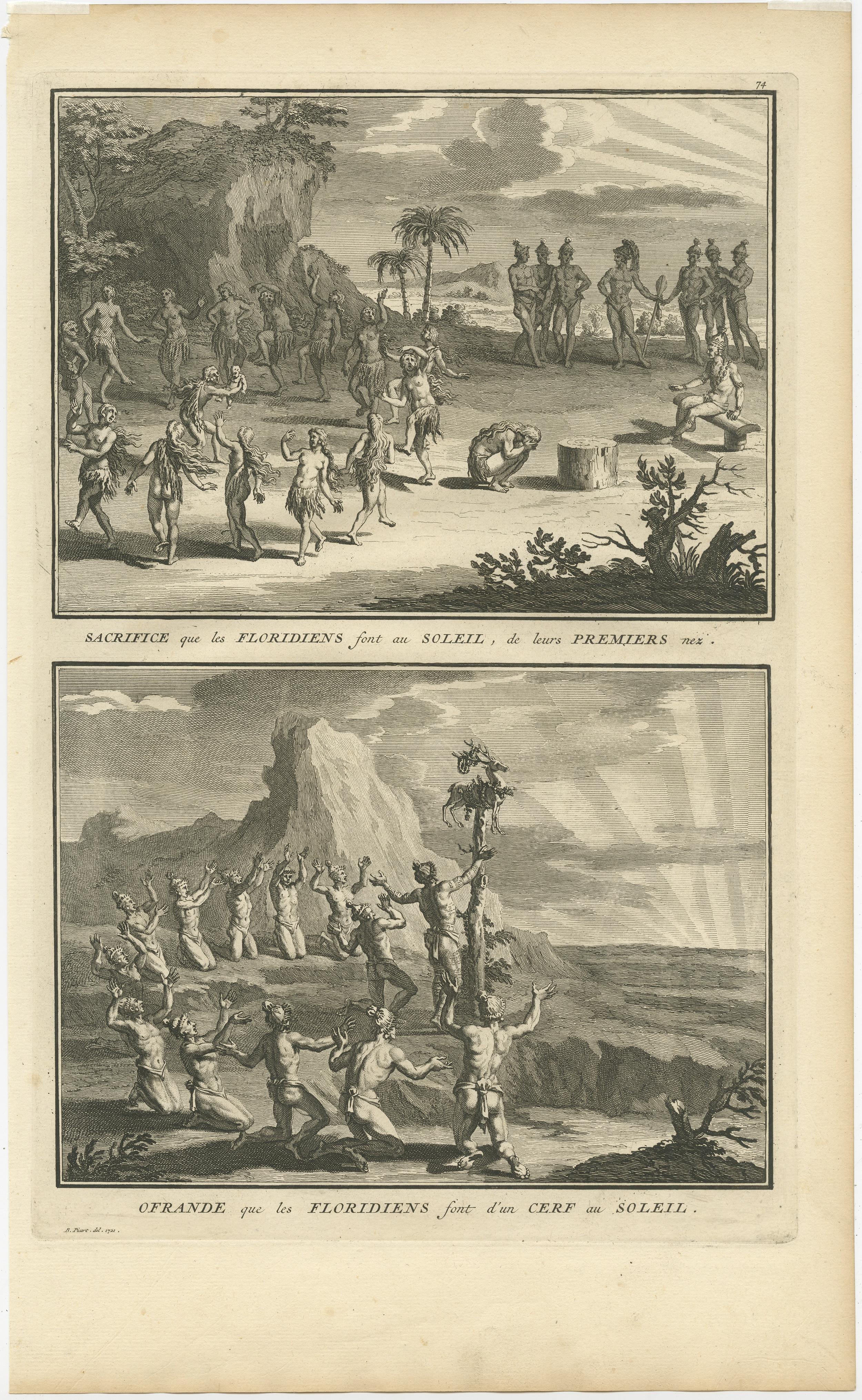 Description: Antique print titled 'Sacrifice que les Floridiens sont au Soleil, de leurs Premiers nez' and 'Ofrande que les Floridiens sont d'un Cerf au soleil'. 

Two copper engraved views on one sheet, each with its own border, showing Floridian