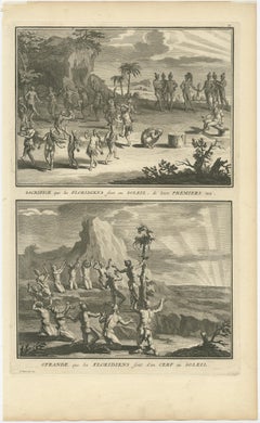 Antique Print of Natives in Florida Making Offerings to the Sun God, ca.1730