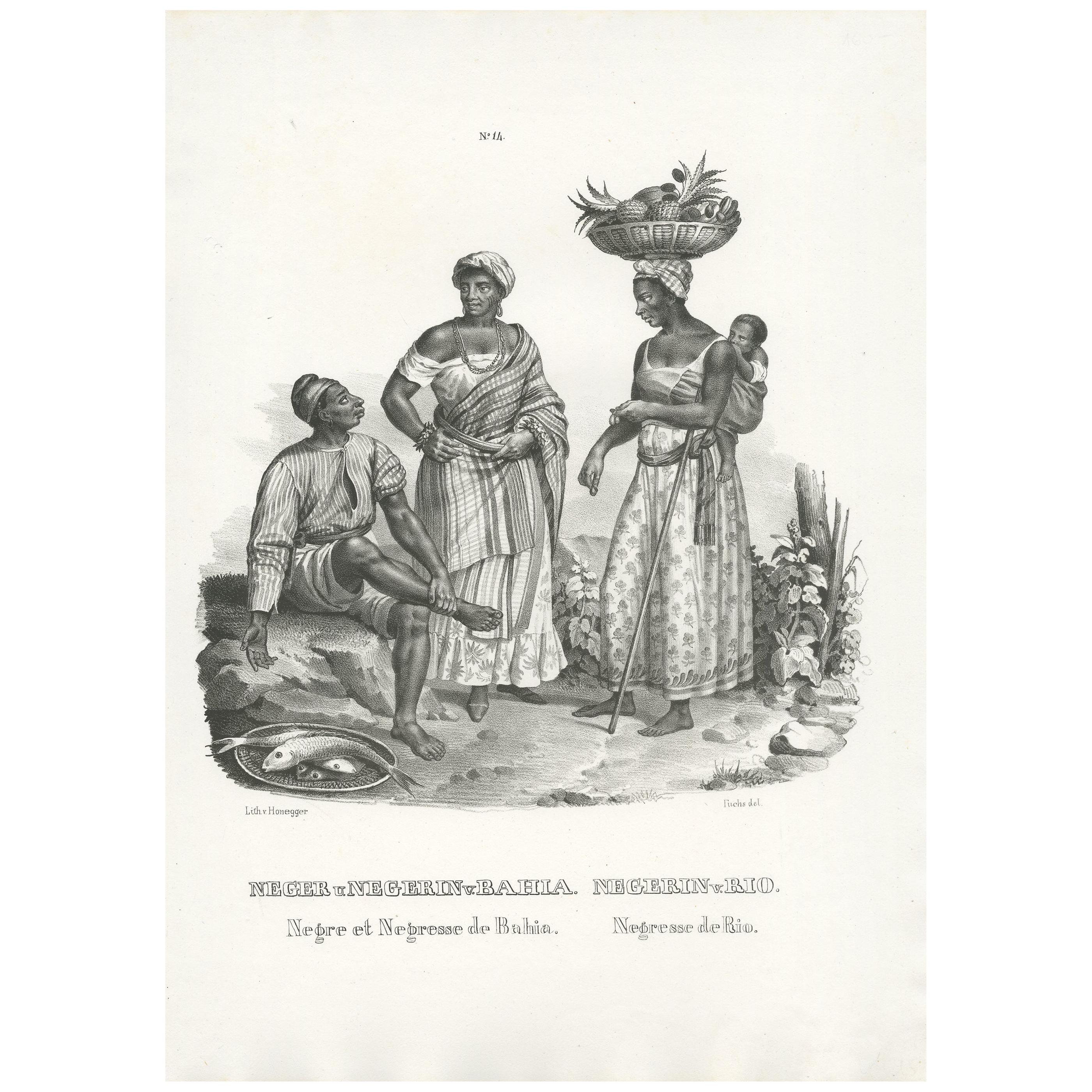 Antique Print of Natives of Bahia and Rio by Honegger (1845) For Sale