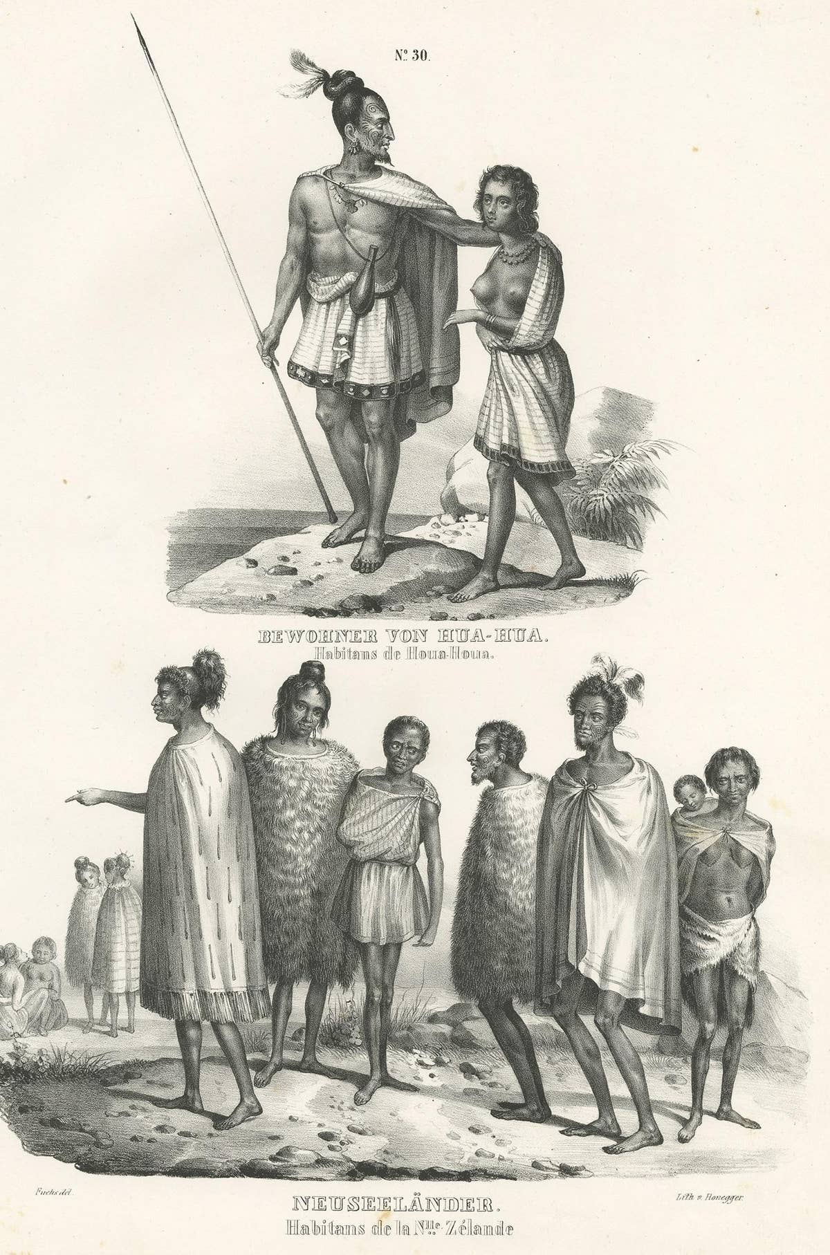 Antique Print of Natives of Hua-Hua and New Zealand by Honegger '1836'